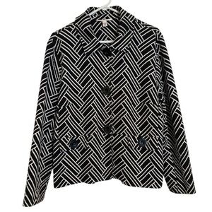 JM Collection Black White Geo Print Soft Knit Blazer Jacket Size Large